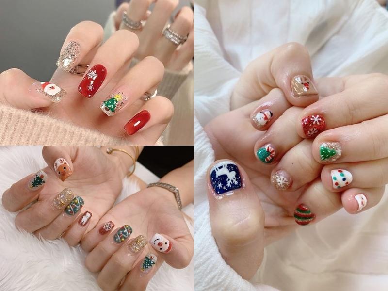 Nail màu đỏ, xanh kết hợp vẽ cây thông noel