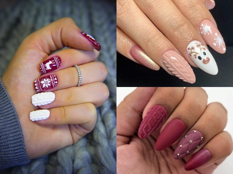 Nail hoạ tiết áo len tone đỏ trắng