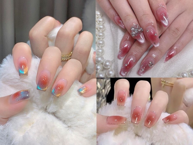 mẫu nail tráng gương mắt mèo đính charm bướm