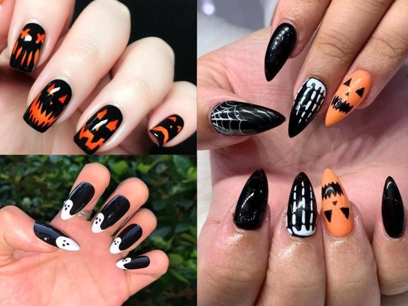 Nail màu đen cam Halloween móng nhọn 