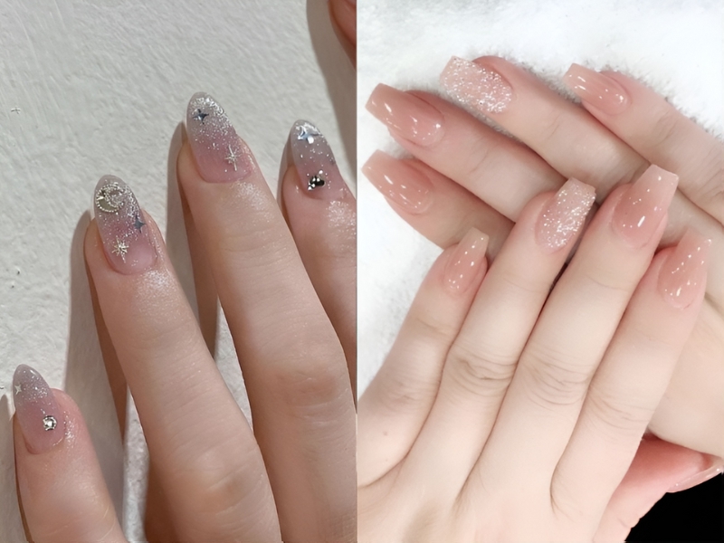 Mẫu nail sơn thạch đơn giản đính kim tuyến