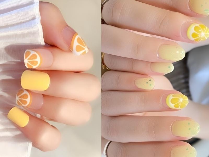 nail đơn giản cho học sinh họa tiết chanh vàng