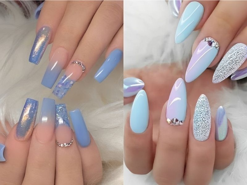 Mẫu nail màu xanh dương nhạt đính đá nhỏ