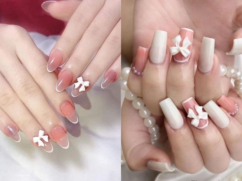 nail hàn quốc đính charm nơ tông hồng