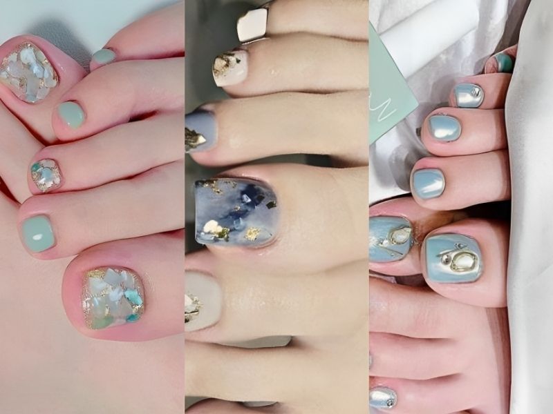 Những Mẫu nail chân màu xanh ngọc tráng gương 