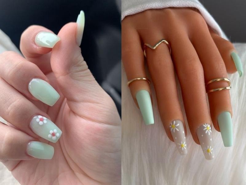 Mẫu nail màu xanh mint vẽ hoa