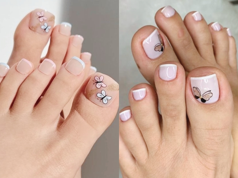 mẫu nail chân họa tiết bướm màu hồng