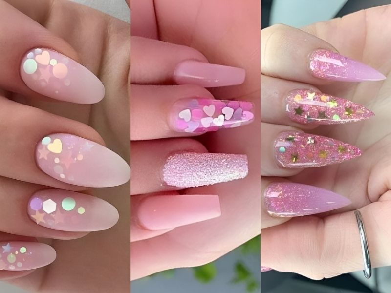 Những mẫu nail xinh kim tuyến màu hồng