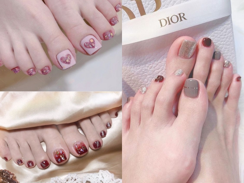 mẫu nail đính kim tuyến hồng, đỏ, xám