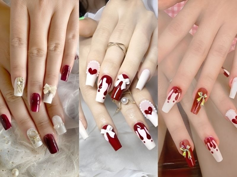 Những mẫu nail màu đỏ kết hợp đính charm nơ