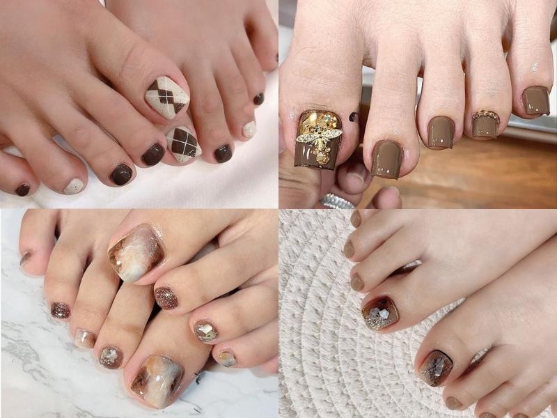 Các mẫu nail chân màu nâu họa tiết