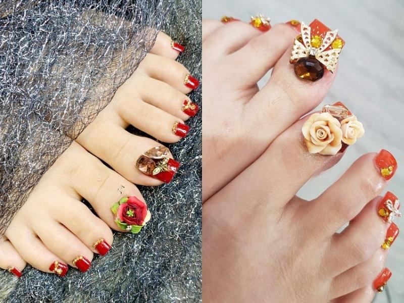 bộ nail chân đính charm hoa và đá