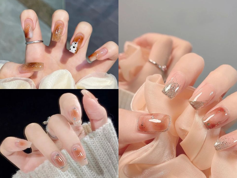 Mẫu nail màu nâu thạch có nhũ