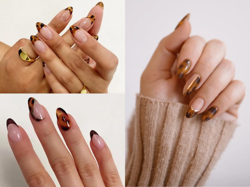 Nail màu nâu mix họa tiết da báo đầu móng