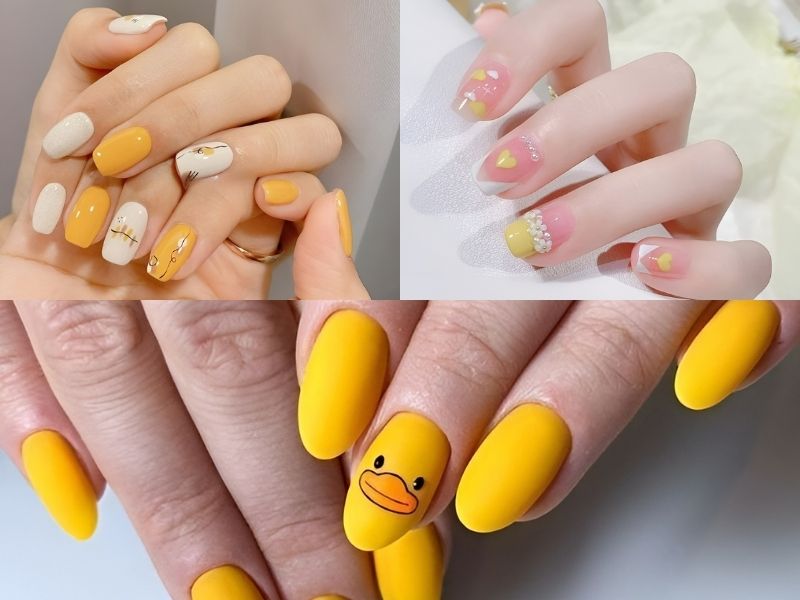 mẫu nail màu vàng vẽ con vịt