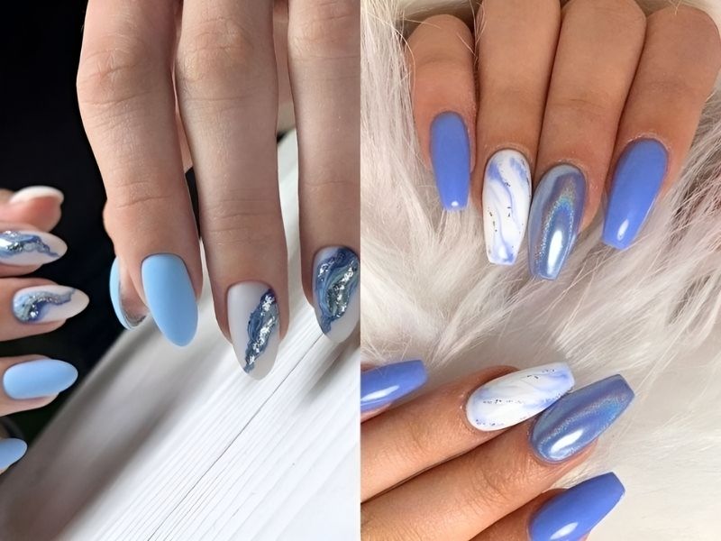 Những mẫu nail màu xanh dương nhạt họa tiết vân đá