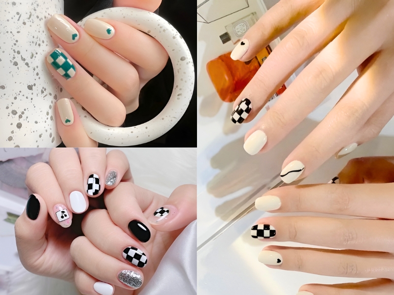 Nail ngắn hoạ tiết caro độc lạ. (Nguồn: linktr.ee)