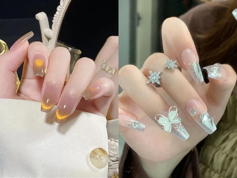 Nail mắt mèo đẹp mắt đính charm nơ