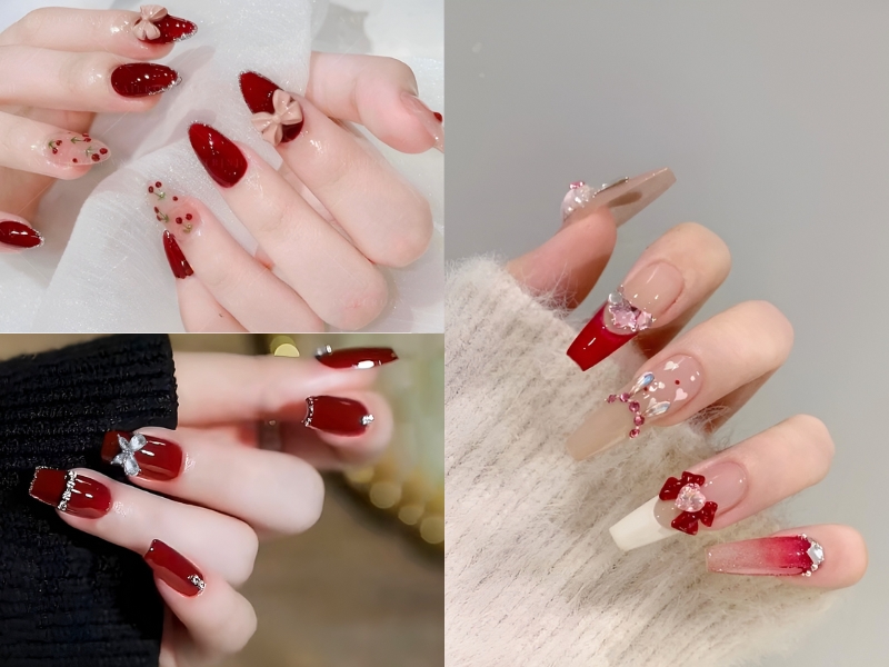 Nail đính nơ tông đỏ cực kỳ rực rỡ. (Nguồn: Nguyen Tuong Van - Pinterest)