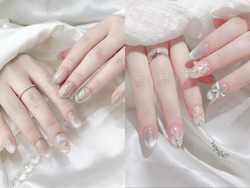 Mẫu nail mắt mèo trắng đính đá