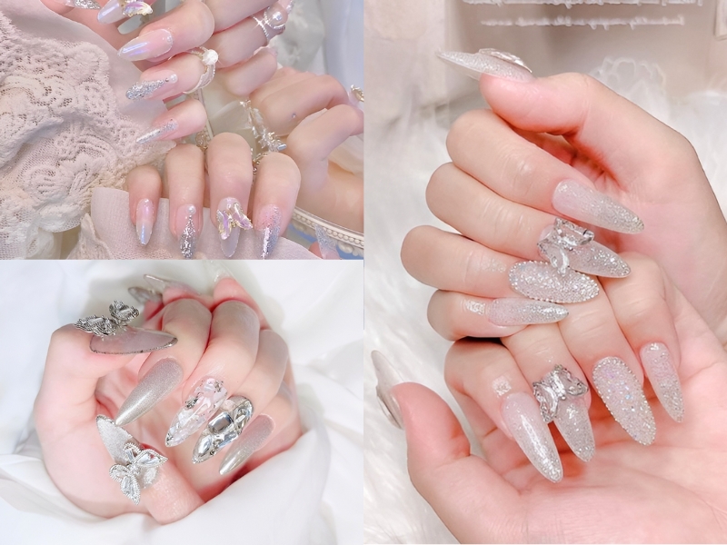 Nail đính nơ kim tuyến sang trọng, quý phái. (Nguồn: Queen Nail & Spa - Pinterest)