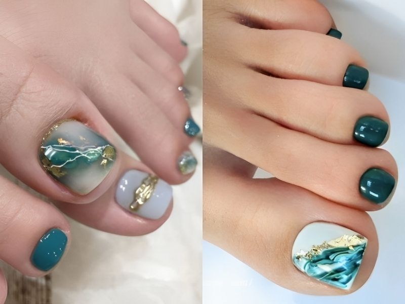 Mẫu nail chân xanh ngọc vân đá 