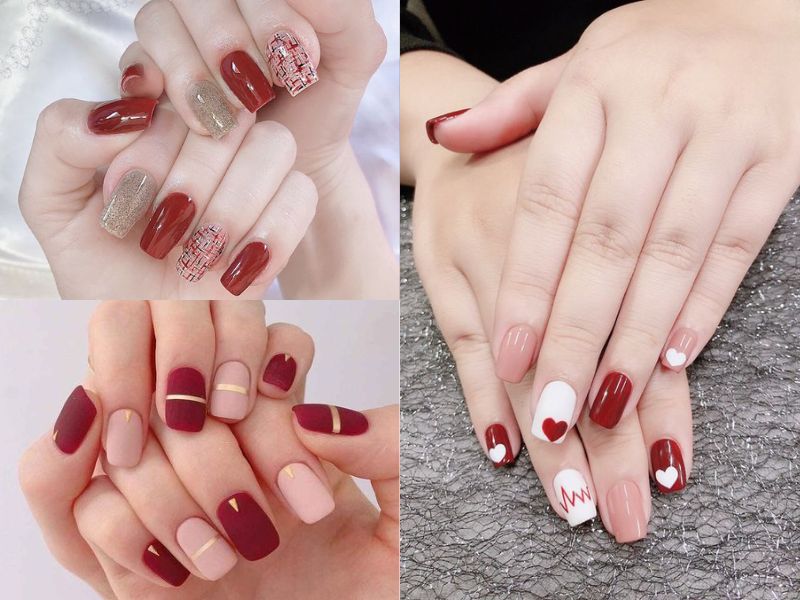 Mẫu nail vuông đẹp ngắn tone đỏ nhẹ nhàng (Nguồn: MyMabelNail - Pinterest)