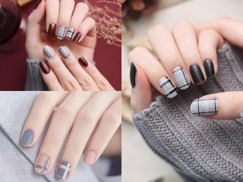 Mẫu nail caro xám móng ngắn