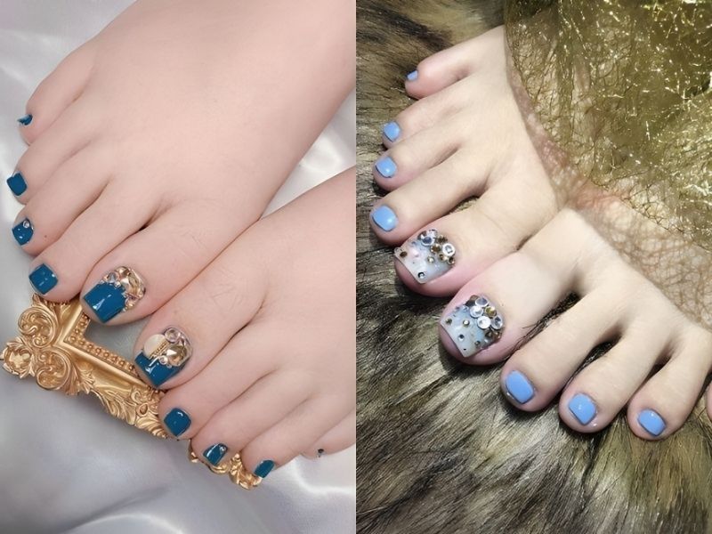 Những Mẫu nail chân xanh ngọc đính đá 