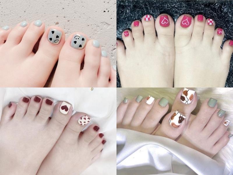 mẫu nail chân họa tiết trái tim