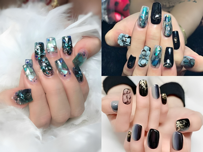 Nail vân đá xà cừ tone xanh đen