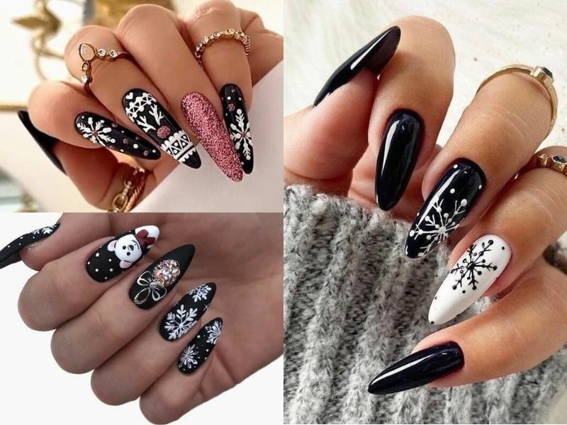 Nail màu đen kẻ hoạ tiết noel trắng