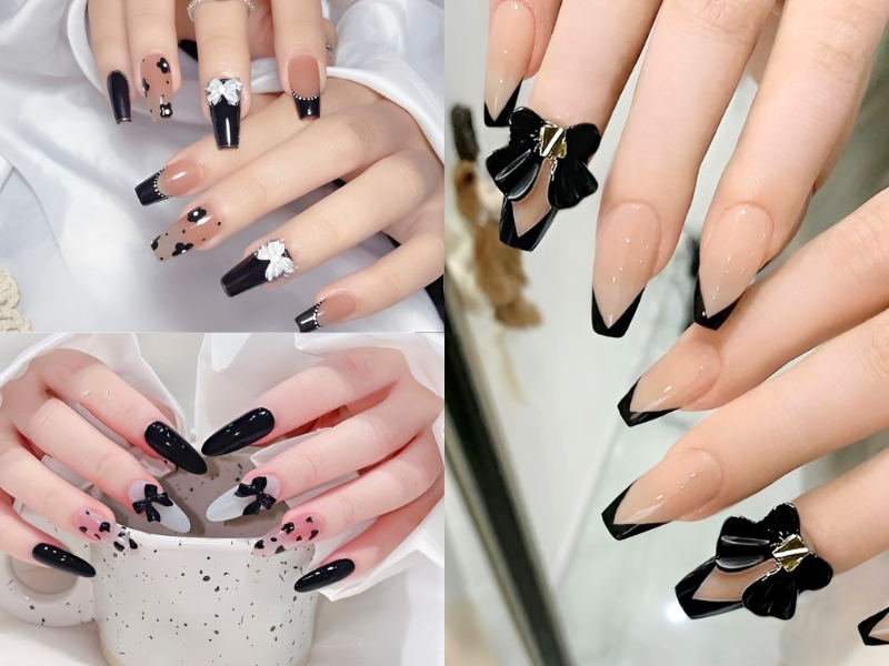 Nail đính nơ đen chanh sả. (Nguồn: Cristina - Pinterest)