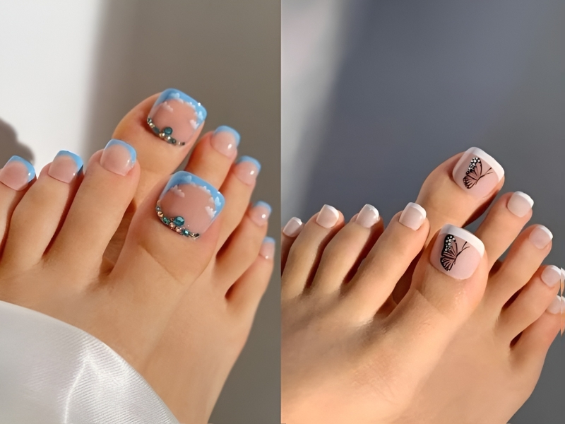 Mẫu nail chân viền móng kèm họa tiết 