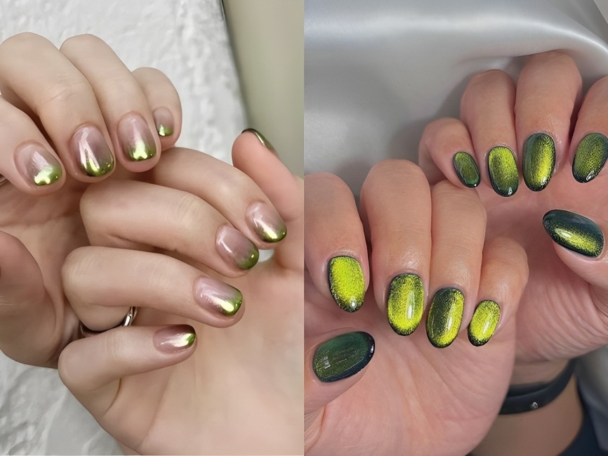 Mẫu nail xanh lá tráng gương, Mẫu nail xanh lá mắt mèo