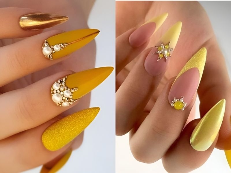 Nail màu vàng kết hợp đính đá 