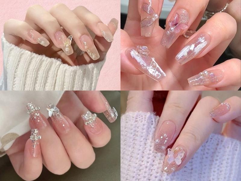 Nail hồng đính charm bướm