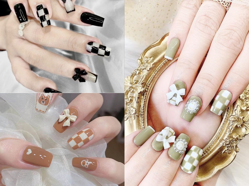 Mẫu nail caro đính nơ trắng