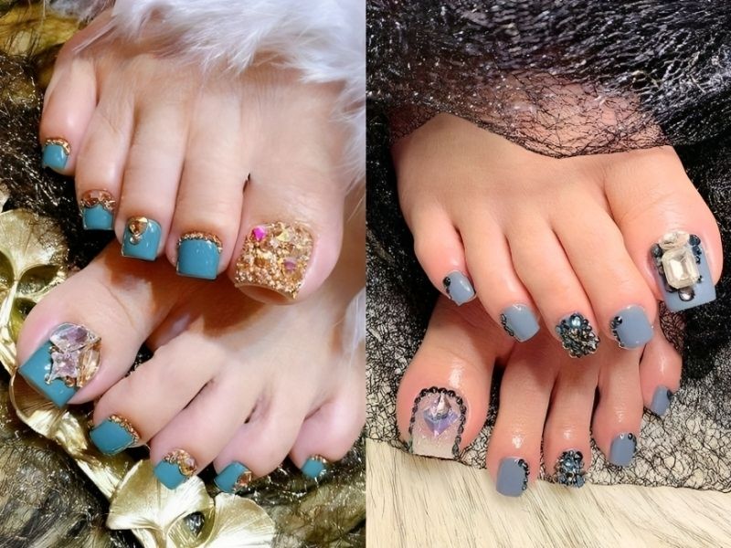 Những mẫu nail chân màu xanh ngọc phối kim tuyến