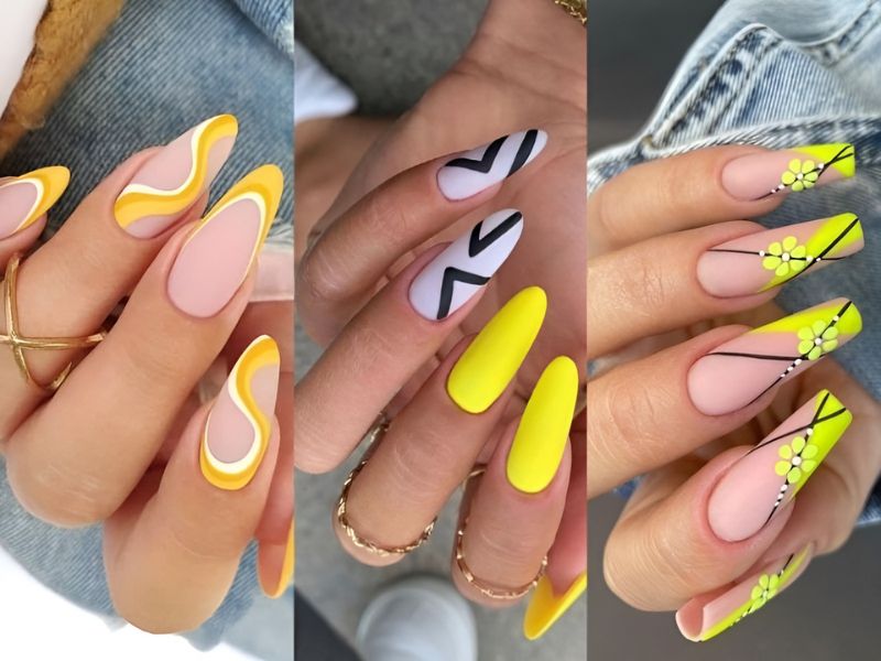 mẫu nail vàng vẽ hoa