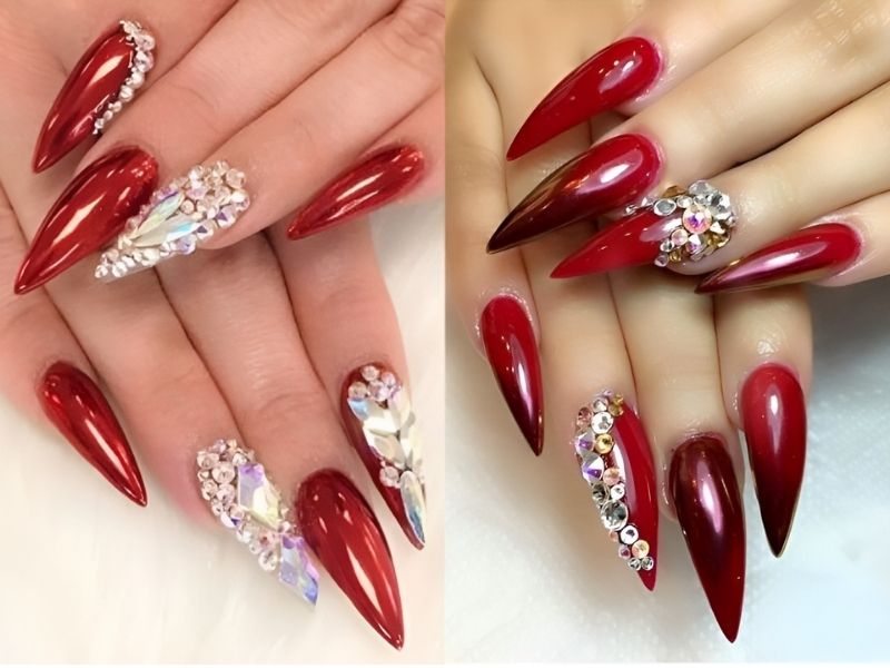 mẫu nail đỏ sậm đính đá