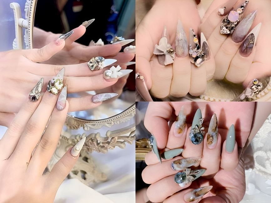 Nail vân đá móng nhọn đính đá đính nơ