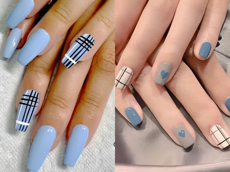 những mẫu nail xanh dương nhạt họa tiết kẻ sọc đơn giản