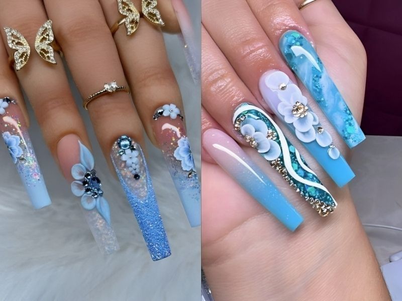 Những mẫu nail màu xanh dương nhạt móng dài đắp bột 3D