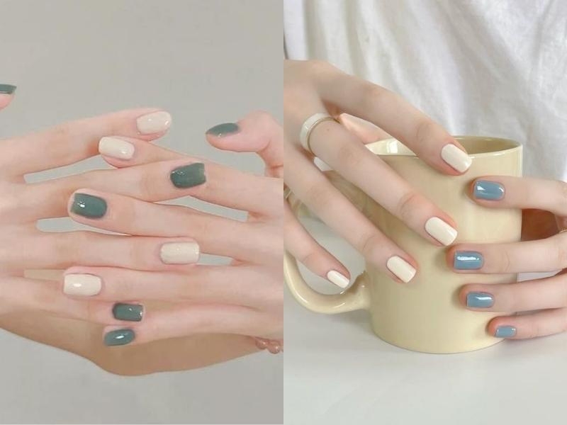 Nail vuông mày be kết hợp xanh lá, xanh biển