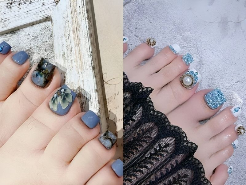 Những mẫu nail chân màu xanh ngọc đính charm