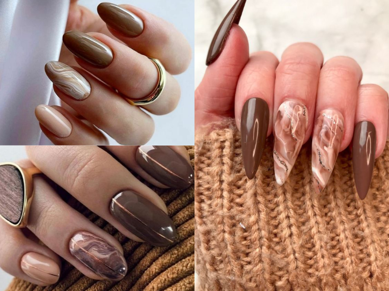 Nail màu nâu vân sữa form móng nhọn