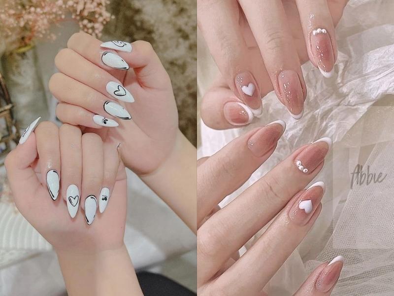 nail móng nhọn hàn quốc kẻ viền vẽ họa tiết và đính đá