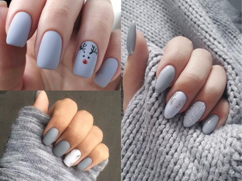 Nail màu xám hoạ tiết tuần lộc