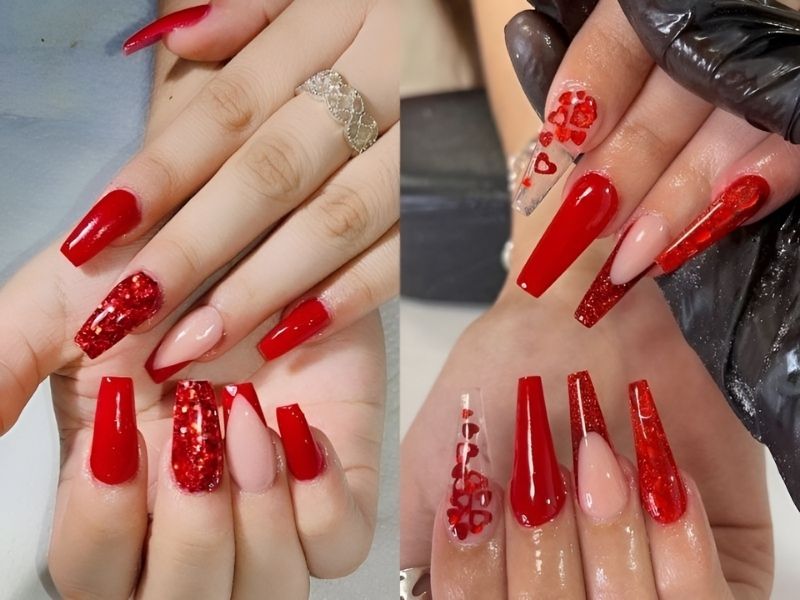 Những Mẫu nail màu đỏ phối kim tuyến